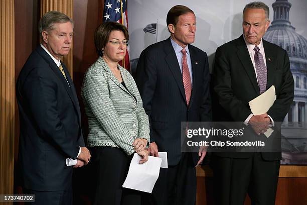 Sen. Lindsey Graham , U.S. Sen. Amy Klobuchar , U.S. Sen. Richard Blumenthal and U.S. Sen. Charles Schumer hold a news conference about their...