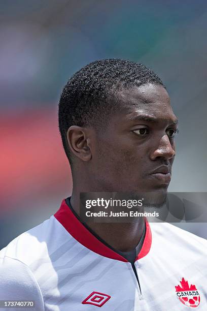 Doneil Henry of Canada before taking on Panama in a CONCACAF Gold Cup match at Sports Authority Field at Mile High on July 14, 2013 in Denver,...