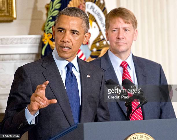 President Barack Obama delivers a statement on the confirmation of Richard Cordray as Director of the Consumer Financial Protection Bureau in the...
