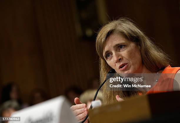 Samantha Power, the nominee to be the U.S. Representative to the United Nations, testifies before the Senate Foreign Relations Committee July 17,...