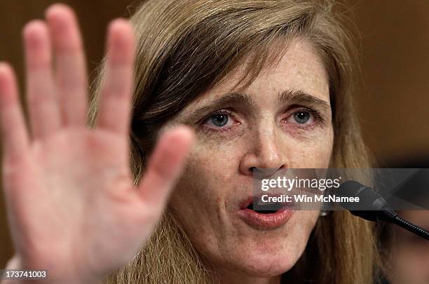 Samantha Power, the nominee to be the U.S. Representative to the United Nations, testifies before the Senate Foreign Relations Committee July 17,...