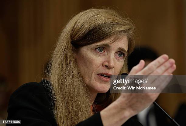 Samantha Power, the nominee to be the U.S. Representative to the United Nations, testifies before the Senate Foreign Relations Committee July 17,...