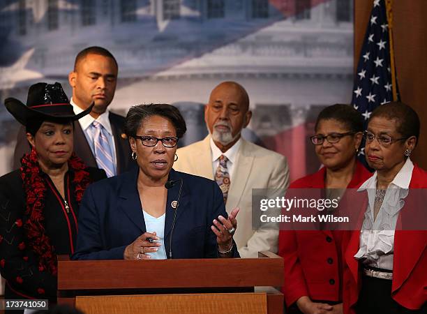 Rep. Marcia Fudge Chair Congressional Black Caucus, speaks about black judicial nominees, while flanked by Rep. Fredrica Wilson , Rep. Marc Veasey ,...