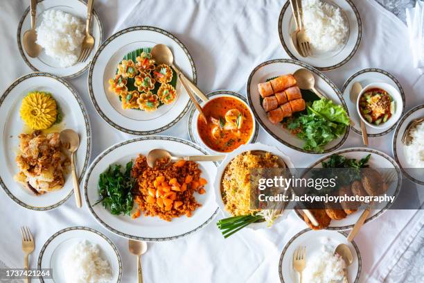 view from above of a variety of food on a table - body issue celebration party stock pictures, royalty-free photos & images