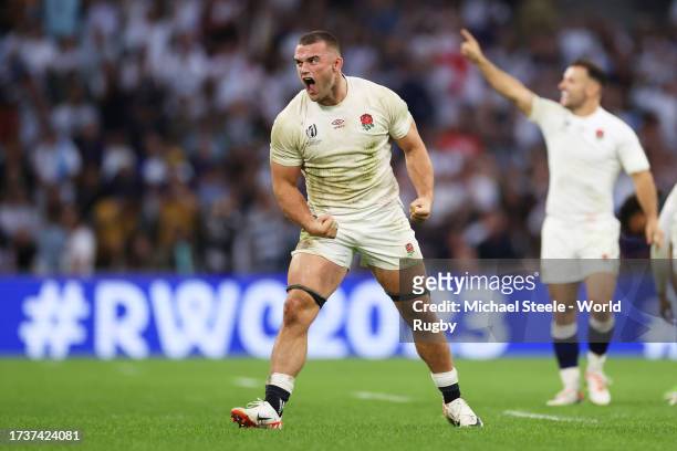 Ben Earl of England celebrates victory at full-time following the Rugby World Cup France 2023 Quarter Final match between England and Fiji at Stade...
