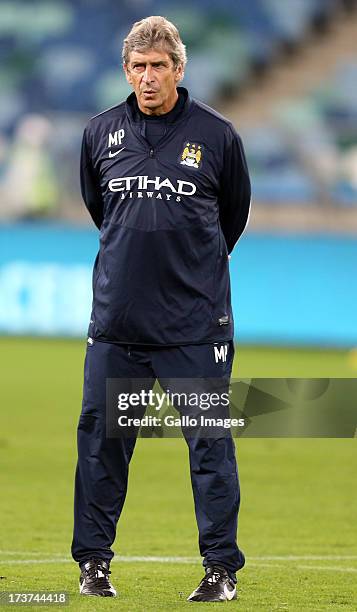 Manuel Pellegrini Manger of Manchester City during the Manchester City training session at Moses Mabhida Stadium on July 17, 2013 in Durban, South...