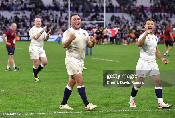 Jamie George and Danny Care of England celebrates victory after the Rugby World Cup France 2023 Quarter Final match between England and Fiji at Stade...