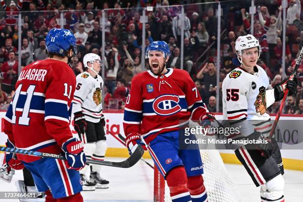 Tanner Pearson of the Montreal Canadiens celebrates his goal during the second period against the Chicago Blackhawks at the Bell Centre on October...