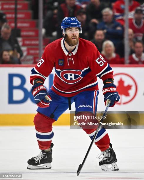 David Savard of the Montreal Canadiens skates during the second period against the Chicago Blackhawks at the Bell Centre on October 14, 2023 in...