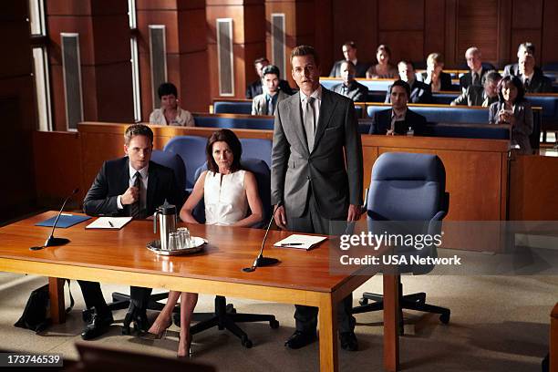 Unfinished Business" Episode 303 -- Pictured: Patrick J. Adams as Mike Ross, Michelle Fairley as Ava Hessington, Gabriel Macht as Harvey Specter --