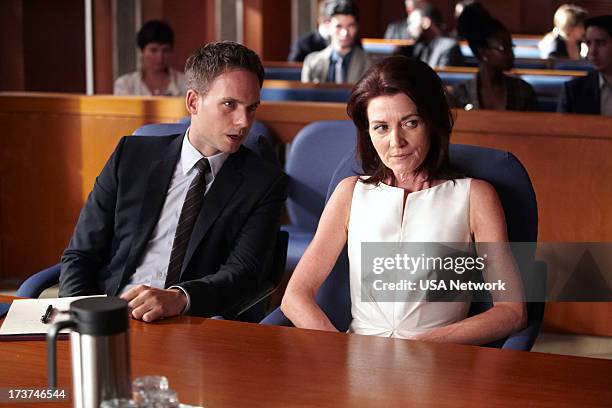 Unfinished Business" Episode 303 -- Pictured: Patrick J. Adams as Mike Ross, Michelle Fairley as Ava Hessington --