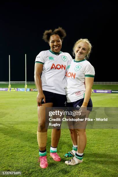 Grace Moore and Neve Jones of Ireland pose for a photo following the WXV 3 match between Ireland and Kazakhstan at The Sevens Stadium on October 13,...