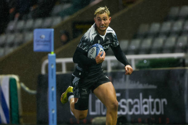 Ben Stevenson of Newcastle Falcons has a run down the touchline during the Gallagher Premiership match between Newcastle Falcons and Gloucester Rugby...