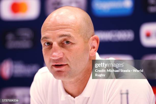 Steve Borthwick, Head Coach of England, speaks to the media in the post match press conference after the Rugby World Cup France 2023 Quarter Final...