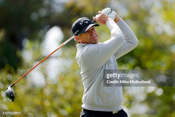 Lee Janzen of the United States hits a tee shot on the second hole during the third round of the SAS Championship at Prestonwood Country Club on...