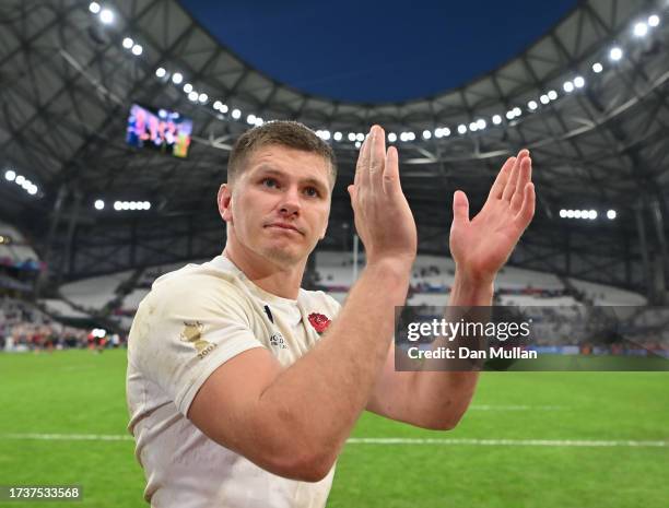 Owen Farrell of England applauds the fans after the Rugby World Cup France 2023 Quarter Final match between England and Fiji at Stade Velodrome on...