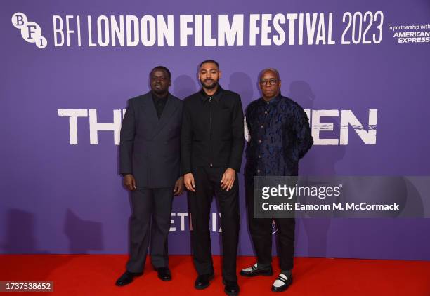 Director and screenwriter Daniel Kaluuya, Kane Robinson and Ian Wright attend "The Kitchen" Closing Night Gala premiere during the 67th BFI London...