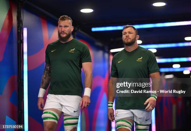 Snyman and Duane Vermeulen of South Africa look on as they walk out of the tunnel to warm up prior to the Rugby World Cup France 2023 Quarter Final...