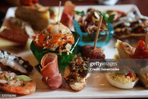 spanish tapas sampler - tapas spain stock pictures, royalty-free photos & images