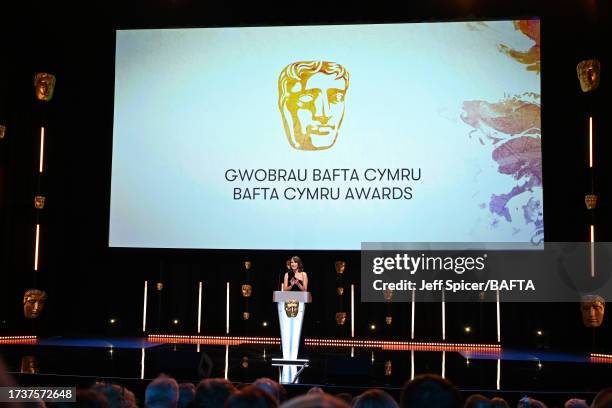 Alex Jones on stage at the 2023 BAFTA Cymru Awards, held at the ICC Wales on October 15, 2023 in Newport, Wales.