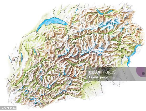topographical karte der alpen-handbemalte - schweiz karte stock-grafiken, -clipart, -cartoons und -symbole