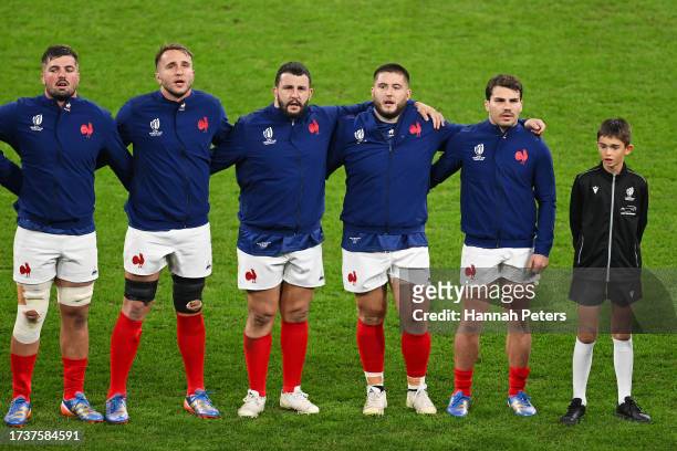 The players of France sing their national anthem prior to the Rugby World Cup France 2023 Quarter Final match between France and South Africa at...