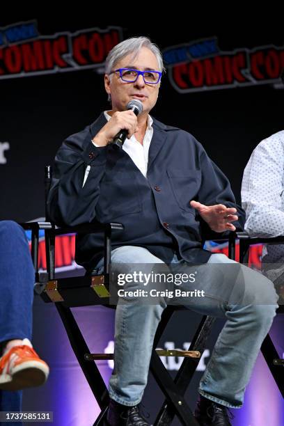Erik Henry speaks at the Disney+ Original Series “Percy Jackson and the Olympians” Sneak Peek panel during New York Comic Con 2023 - Day 4 at Javits...