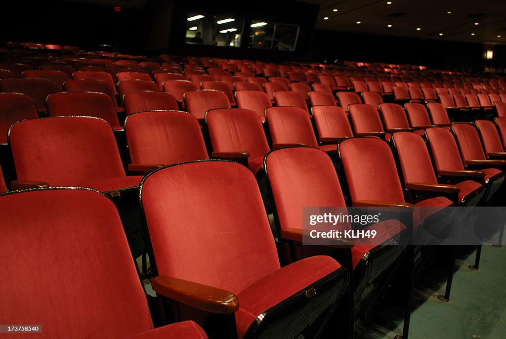 Rows of red empty theater seats.