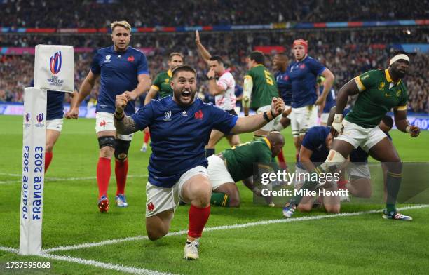 Cyril Baille of France celebrates scoring his team's first try during the Rugby World Cup France 2023 Quarter Final match between France and South...