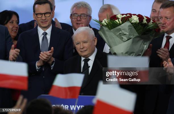 Jaroslaw Kaczynski , leader of the ruling national conservative Law and Justice party , speaks to supporters at PiS headquarters following initial...