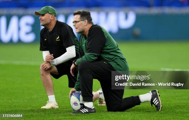 Jacques Nienaber, Head Coach of South Africa, and Rassie Erasmus, Coach of South Africa, look on prior to the Rugby World Cup France 2023 Quarter...