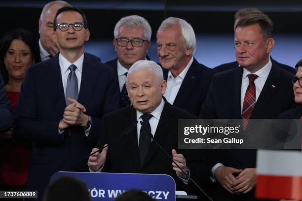 Jaroslaw Kaczynski , leader of the ruling national conservative Law and Justice party , speaks to supporters at PiS headquarters following initial...