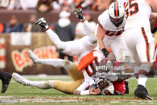 Randy Gregory of the San Francisco 49ers sacks PJ Walker of the Cleveland Browns during the third quarter at Cleveland Browns Stadium on October 15,...