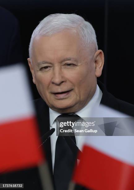 Jaroslaw Kaczynski, leader of the ruling national conservative Law and Justice party , speaks to supporters at PiS headquarters following initial...