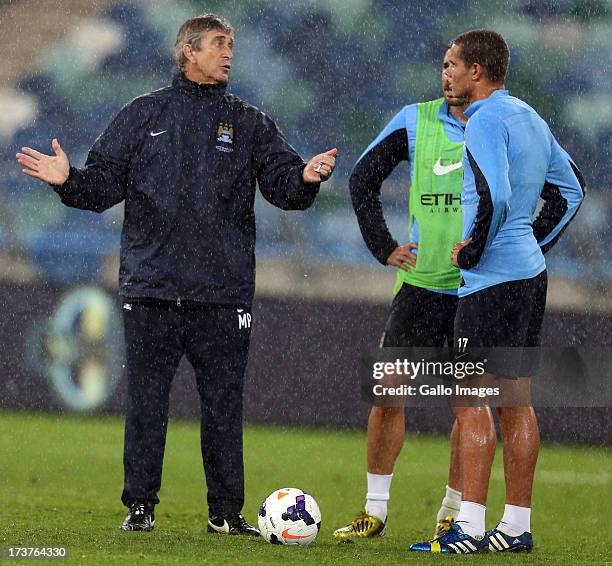 Manager Manuel Pellegrini of Manchester City during the Manchester City training session at Moses Mabhida Stadium on July 17, 2013 in Durban, South...