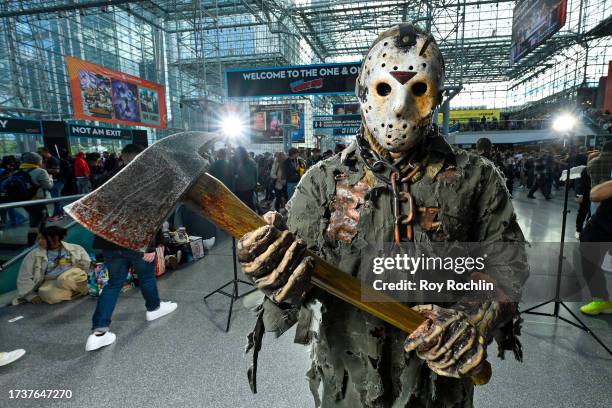Cosplayer poses as Jason Vorhees during New York Comic Con 2023 - Day 4 at Javits Center on October 15, 2023 in New York City.