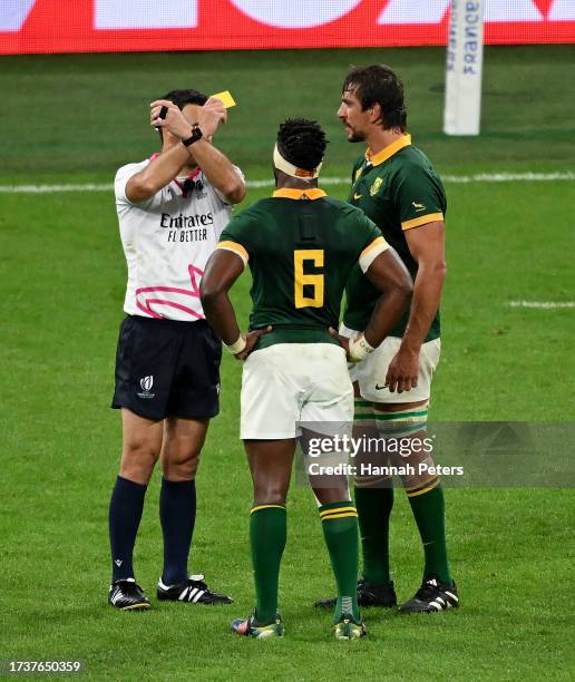 Eben Etzebeth of South Africa is shown a yellow card by Referee Ben O’Keeffe as a 8-Minute window for a TMO Bunker Review begins during the Rugby...