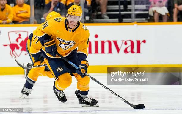 Gustav Nyquist of the Nashville Predators skates against the Seattle Kraken during an NHL game at Bridgestone Arena on October 12, 2023 in Nashville,...