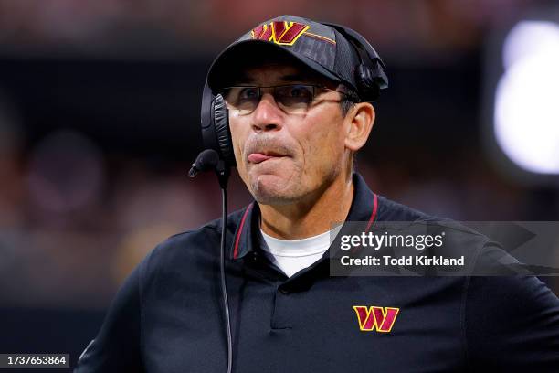 Head coach Ron Rivera of the Washington Commanders looks on during the third quarter against the Atlanta Falcons at Mercedes-Benz Stadium on October...