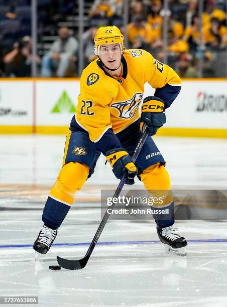 Tyson Barrie of the Nashville Predators skates against the Seattle Kraken during an NHL game at Bridgestone Arena on October 12, 2023 in Nashville,...