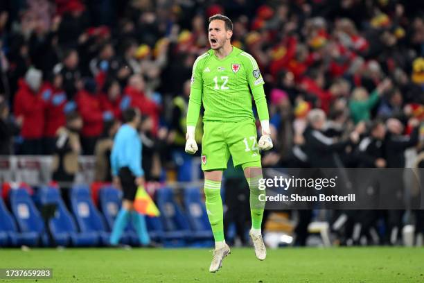 Danny Ward of Wales celebrates after Harry Wilson of Wales scores their sides first goal during the UEFA EURO 2024 European qualifier match between...