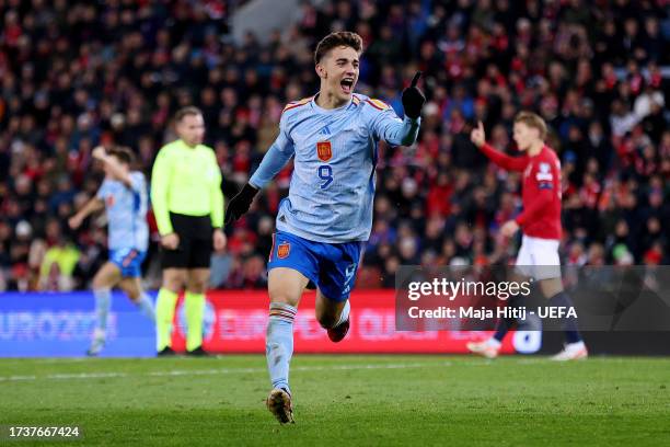 Gavi of Spain celebrates after scoring their sides first goal during the UEFA EURO 2024 European qualifier match between Norway and Spain at Ullevaal...