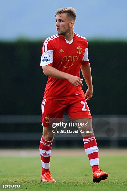 Luke Shaw of Southampton looks on during a friendly match between Southampton FC and UE Llagostera at the Josep Pla i Arbones Stadium on July 17,...