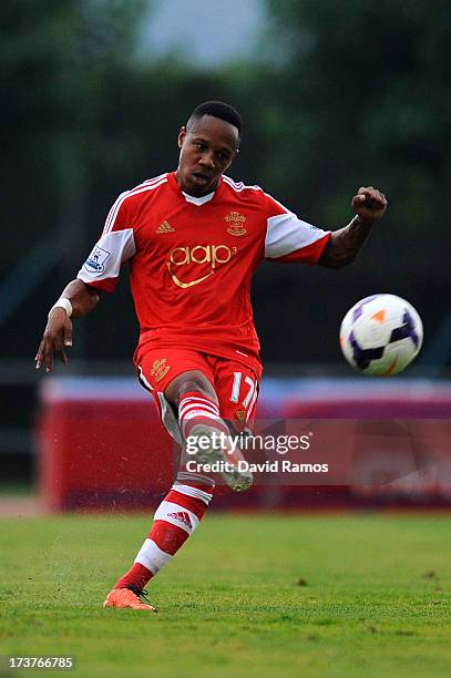 Nathaniel Clyne of Southampton kicks the ball during a friendly match between Southampton FC and UE Llagostera at the Josep Pla i Arbones Stadium on...