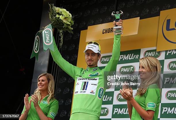 Peter Sagan of Slovakia and Team Cannondale keeps the best sprinter's green jersey after stage seventeen of the 2013 Tour de France, a 32KM...