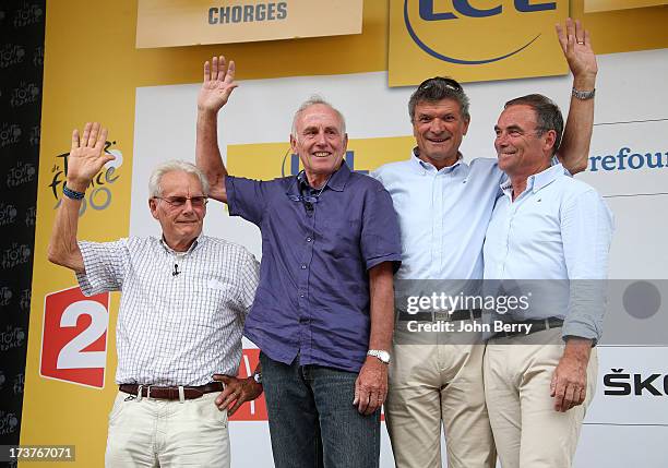 Jan Janssen, Joop Zoetemelk, Bernard Thevenet, Bernard Hinault stand on the podium after stage seventeen of the 2013 Tour de France, a 32KM...