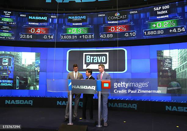 Fredrik Eklund, Luis D. Ortiz and Ryan Serhant of Bravo's "Million Dollar Listing" ring the closing bell at NASDAQ MarketSite on July 17, 2013 in New...
