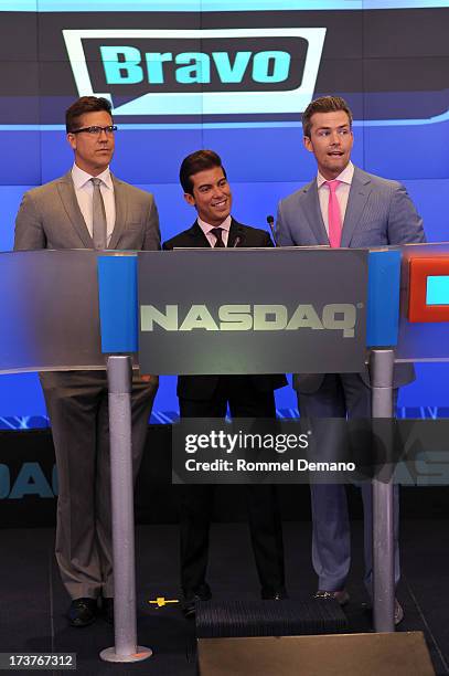 Fredrik Eklund, Luis D Ortiz and Ryan Serhant rings the NASDAQ closing bell at NASDAQ MarketSite on July 17, 2013 in New York City.