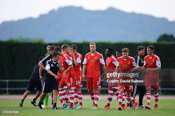 Southampton players are seen during a friendly match between Southampton FC and UE Llagostera at the Josep Pla i Arbones Stadium on July 17, 2013 in...