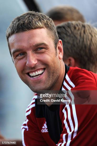 Rickie Lambert of Southampton looks on during a friendly match between Southampton FC and UE Llagostera at the Josep Pla i Arbones Stadium on July...